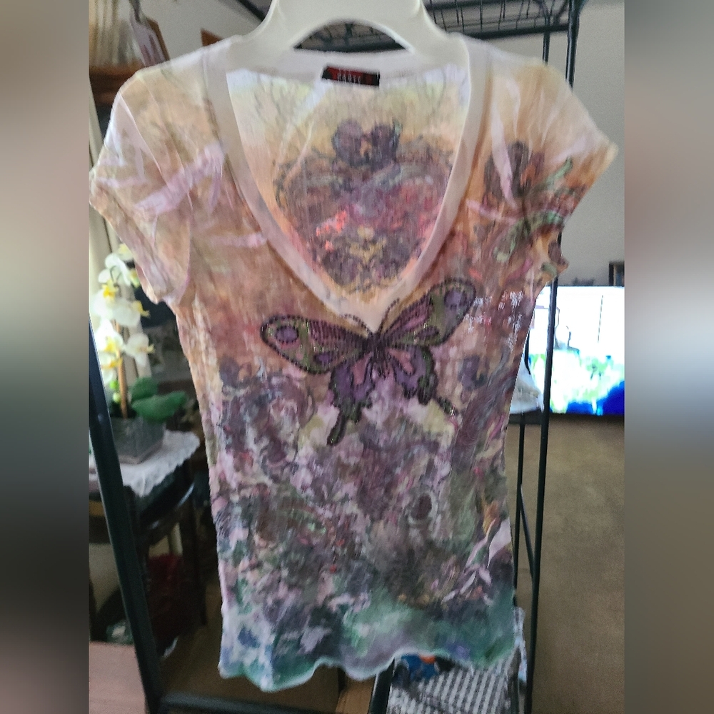 Tissue v-neck tee. Blinged butterfly & beautiful marbling of colors & images